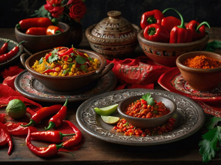 Traditional Mexican chili con carne served in clay bowls.の素材