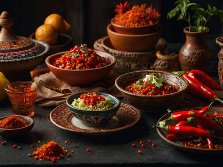 Traditional Mexican spicy salad with guacamole and chili peppers in clay bowls over dark wooden background.の素材