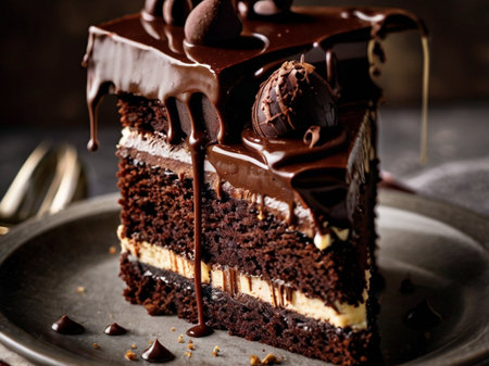 Chocolate cake with chocolate glaze on dark background. Selective focusの素材