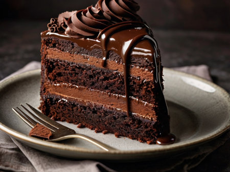 Chocolate cake with chocolate glaze on a plate, selective focusの素材