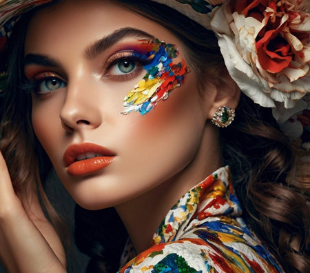 fashion studio photo of gorgeous young woman with dark hair and bright makeupの素材