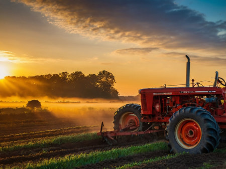 Farmer in tractor plowing field with seedbed cultivator at sunsetの素材