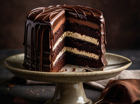 Chocolate cake with cream and chocolate glaze. Selective focusの素材