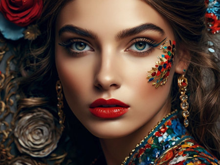 Fashion portrait of beautiful young woman with bright make up and red lipsの素材