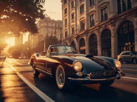 Vintage car on the street at sunset. Retro car background.の素材