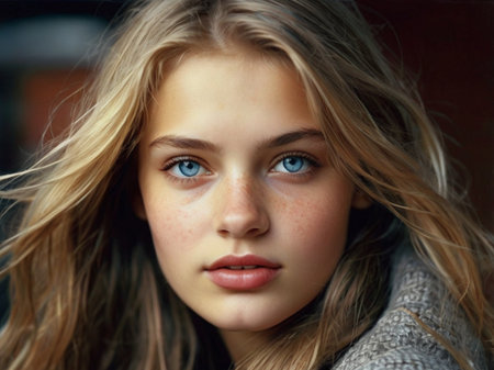 Portrait of a beautiful young girl with blond hair and blue eyesの素材