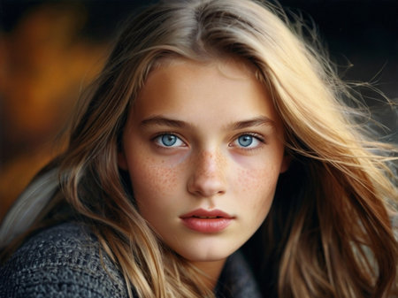 Portrait of a beautiful girl with blond hair and blue eyes.の素材