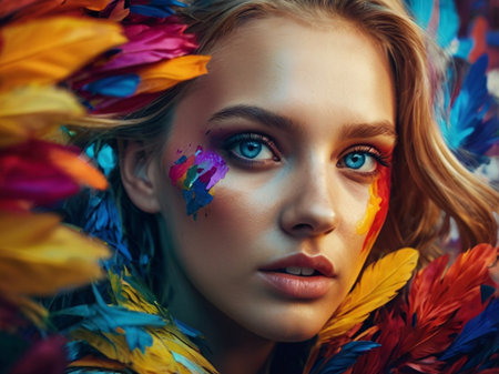 Fashion portrait of beautiful young woman with bright make up and colorful feathers.の素材