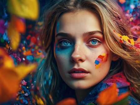 Portrait of a beautiful young woman with bright make-up among colorful autumn leavesの素材