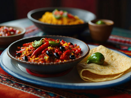 Mexican chili con carne served with nachos and salsaの素材