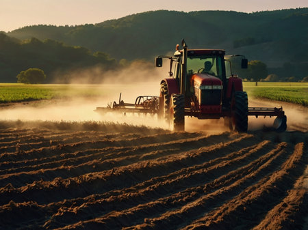 Tractor plowing the field at sunset. Tractor plowing the fieldの素材