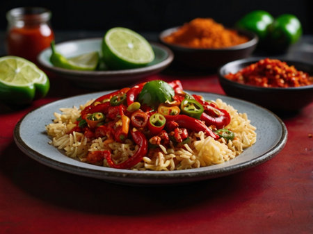 Hot chili con carne with rice, chilli peppers and tomato sauceの素材