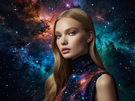 Beautiful young woman in cosmic space. Beauty, fashion. Cosmetics and make-up.の素材