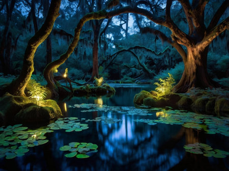 Beautiful night view of the magic forest lake in the evening.の素材