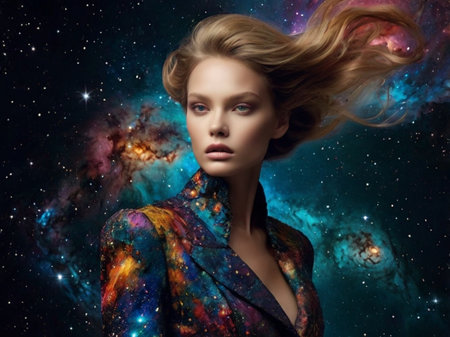 Portrait of a beautiful young woman with flying hair in the space.の素材