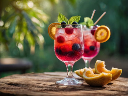 Alcoholic cocktail with blueberry, orange and mint on wooden tableの素材