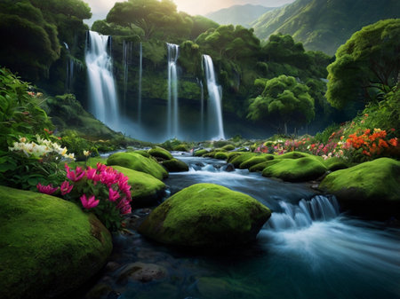 Beautiful waterfall in the garden with colorful flowers,nature background.の素材