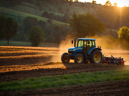 Farmer with tractor preparing land with seedbed cultivator at sunsetの素材