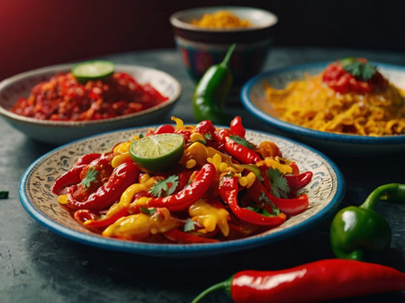 Mexican chili con carne in plate on dark background, closeupの素材