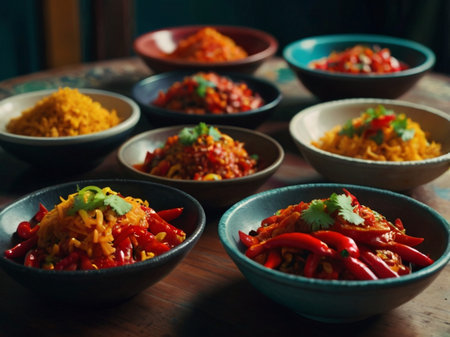 Nasi goreng, indonesian food in bowls on wooden tableの素材