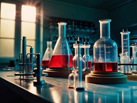 Laboratory glassware with chemical liquid. Science laboratory research and development concept.の素材