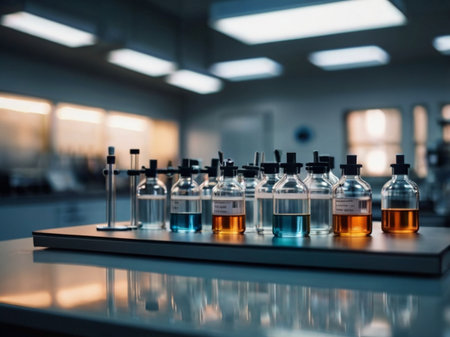 Laboratory glassware containing chemical liquid samples, science research and development concept.の素材