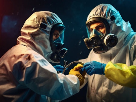 Doctor and nurse in hazmat suit and respirator examining human lungsの素材