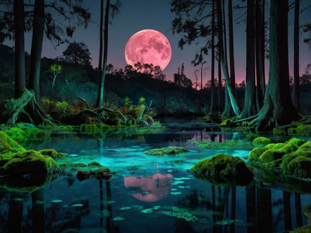 Fantasy landscape with forest and lake at night in full moon lightの素材