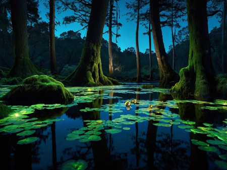 Beautiful night view of the forest lake with water lilies.の素材