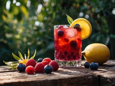 Cocktail with berries and lemon on a wooden table in the gardenの素材