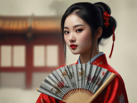 beautiful Asian woman in traditional Japanese clothing with fanの素材