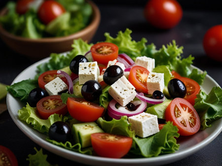 Greek salad with feta cheese, black olives and tomatoes on a black backgroundの素材
