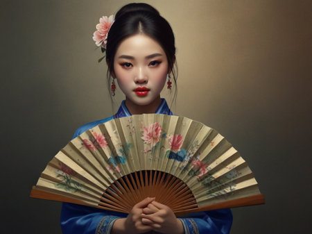Portrait of a beautiful Asian woman in kimono with fanの素材