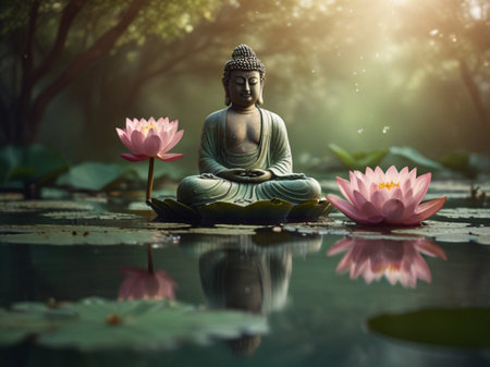 Buddha statue and lotus flower in the pond with sunlightの素材