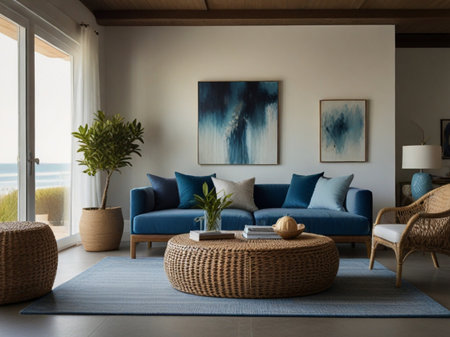 Interior of modern living room with blue sofa and wicker sofaの素材