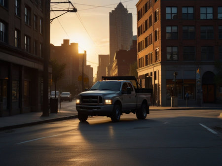 A pickup truck moves through the city at sunset. Taken in Boston, Massachusetts, USA.の素材
