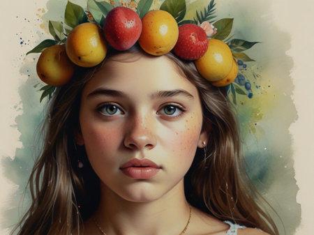 Portrait of a beautiful girl in a wreath of apples and orangesの素材