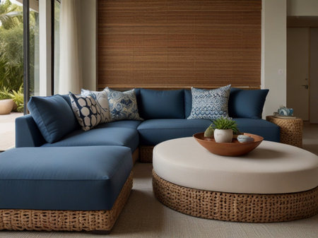 Modern living room with blue sofa and round coffee table with pillowsの素材