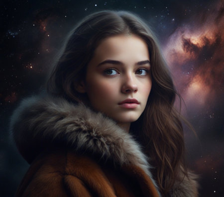 Portrait of a beautiful young woman in a fur coat against the background of the night skyの素材