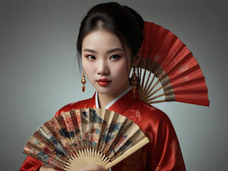 Beautiful asian woman in traditional Japanese costume with fanの素材