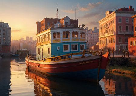 Boat in the canal of Gdansk at sunset, Polandの素材