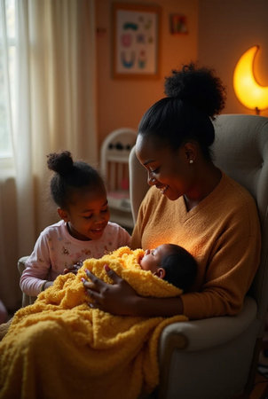 Portrait of happy African American mother with her little daughter at homeの素材