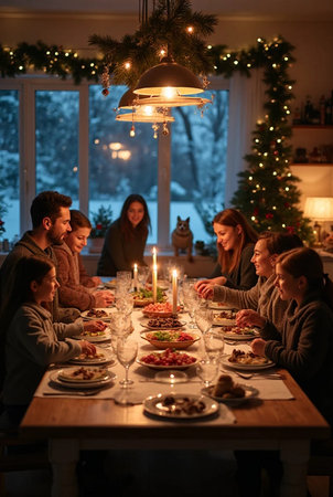 Group of happy friends sitting around table and having Christmas dinner at homeの素材