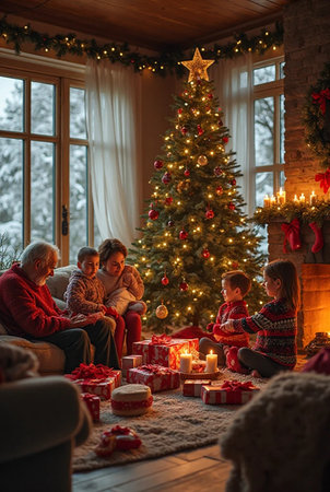 Happy family of four sitting by the fireplace and opening a Christmas giftの素材