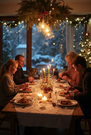 Family celebrating Christmas at home, sitting at the dining table with candlesの素材