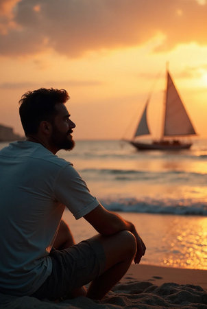 Young man sitting on the beach at sunset with a sailboat in the backgroundの素材