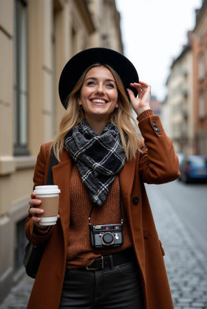 Portrait of a smiling young woman with coffee cup in the cityの素材