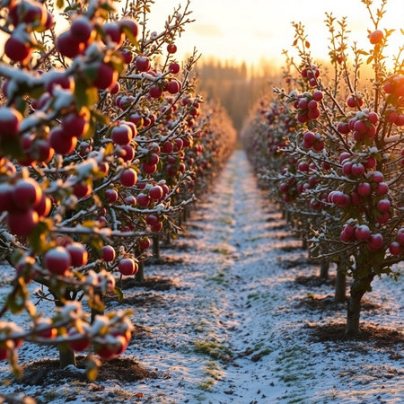 Apple orchard in winter. Rows of red apples in orchard.の素材