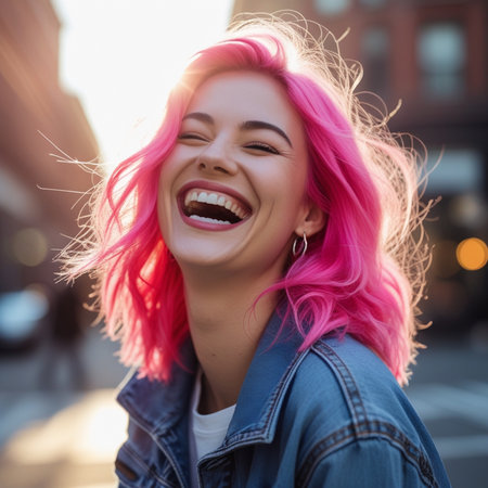 young beautiful hipster girl with pink hair in the city at sunsetの素材