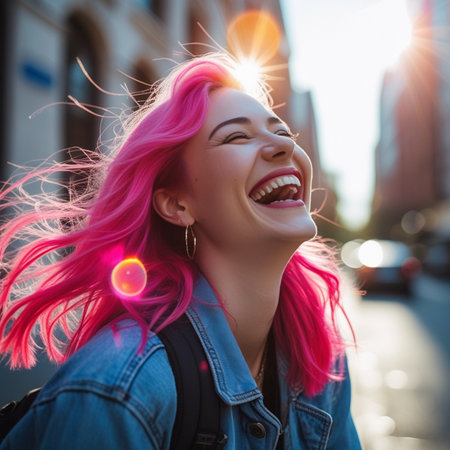 Portrait of a beautiful young girl with pink hair in the city.の素材